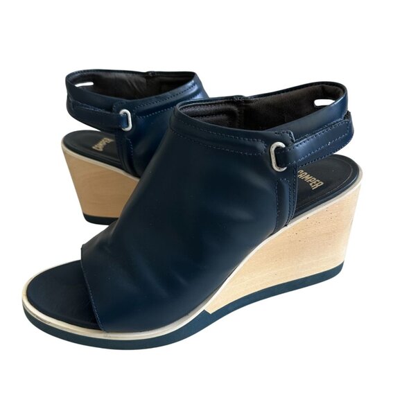CAMPER Navy Blue Leather Peeptoe Wedges Size 37 - Picture 1 of 7
